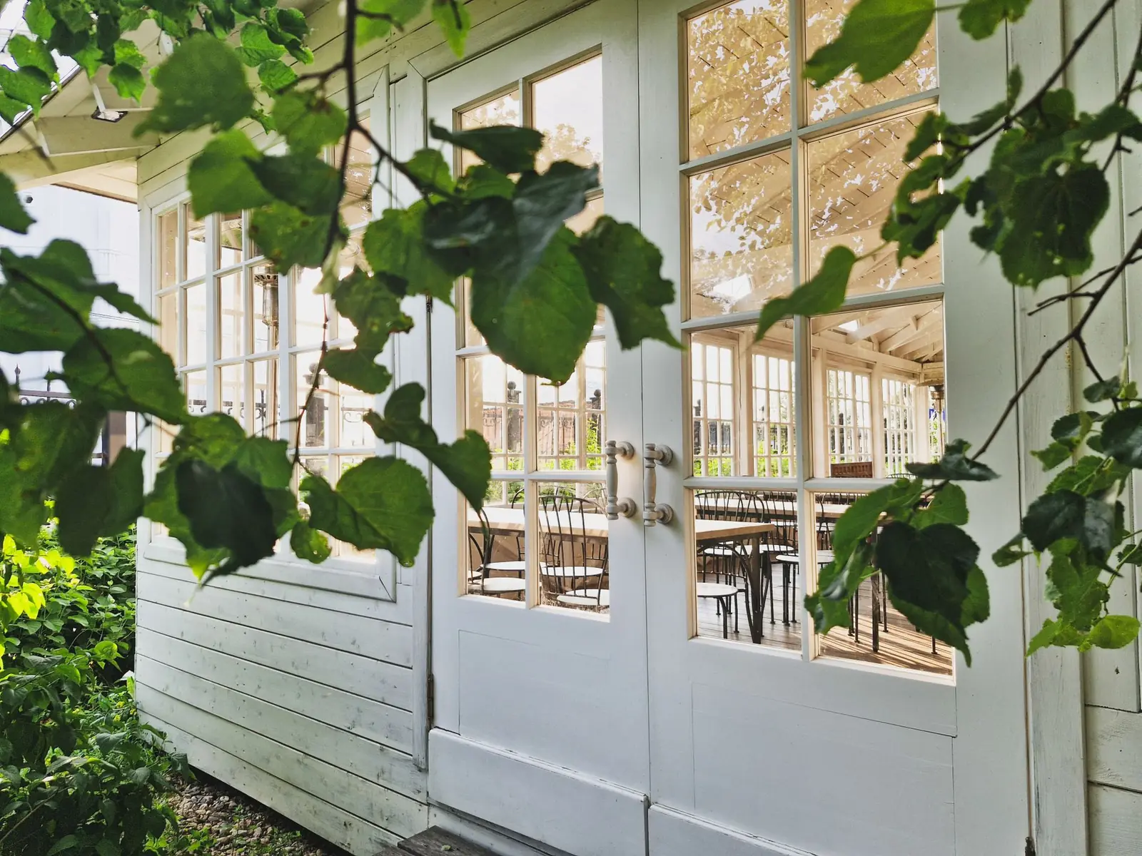 A white-painted garden building with tall glazed doors and a vine growing across the front.